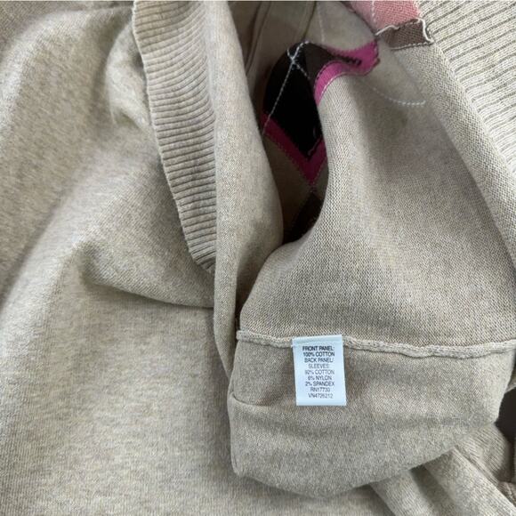 Cherokee Button Up Cardigan Tan Knit Sweater Women Size Large Pink Argyle Print - Picture 7 of 10